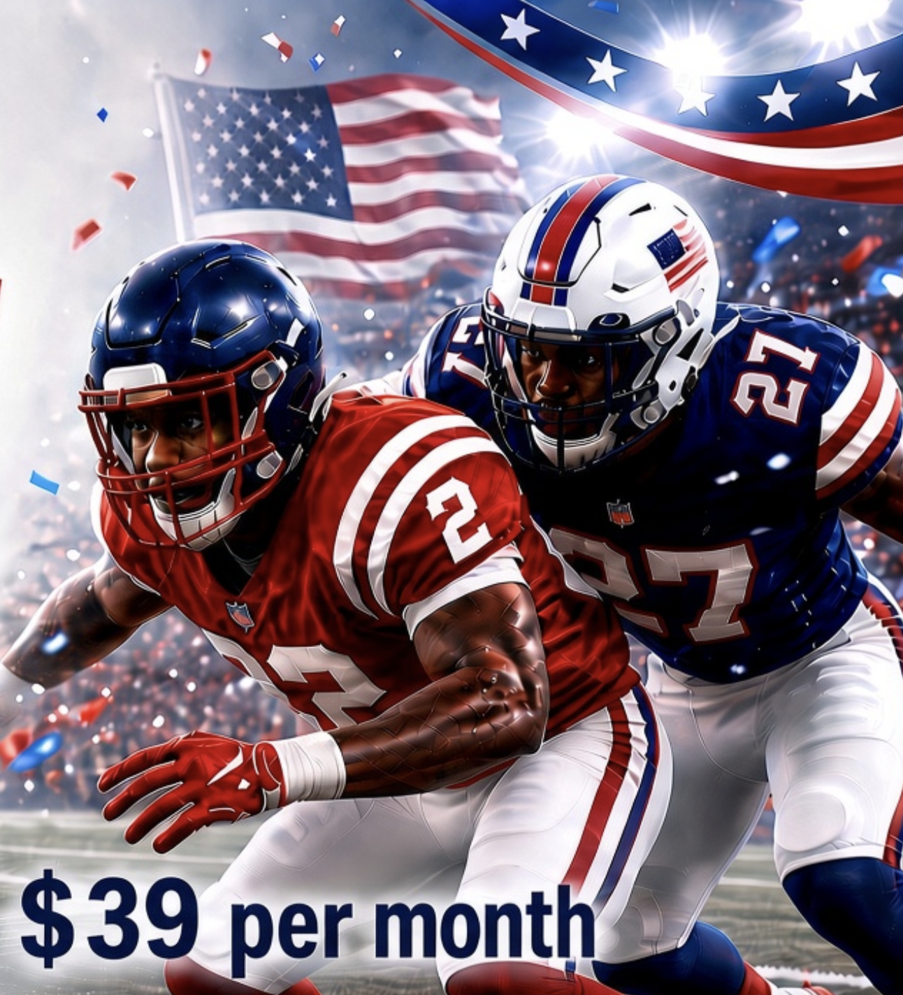 Patriot TV promotional football image with two players, American flags, and $39 per month offer